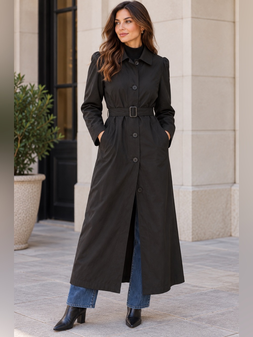 london fog limited edition black belted maxi trench coat size 14 tiger lining